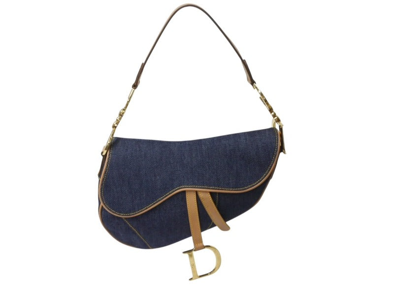 極美品 Christian Dior クリスチャンディオール サドルバッグ ワンショルダーバッグ RU 1020 デニム ネイビー ゴールド金具 中古 4b001874