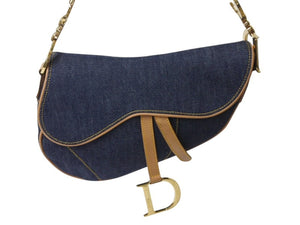極美品 Christian Dior クリスチャンディオール サドルバッグ ワンショルダーバッグ RU 1020 デニム ネイビー ゴールド金具 中古 4b001874