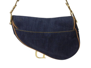 極美品 Christian Dior クリスチャンディオール サドルバッグ ワンショルダーバッグ RU 1020 デニム ネイビー ゴールド金具 中古 4b001874