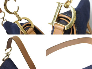 極美品 Christian Dior クリスチャンディオール サドルバッグ ワンショルダーバッグ RU 1020 デニム ネイビー ゴールド金具 中古 4b001874
