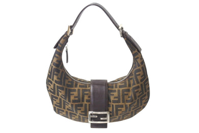 FENDI フェンディ ハーフムーン マンマバケット ワンショルダーバッグ ズッカ柄 ブラウン キャンバス レザー 美品 中古 4b001877