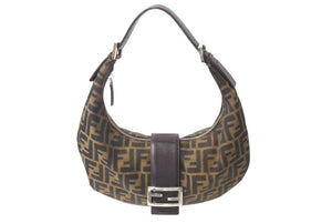 FENDI フェンディ ハーフムーン マンマバケット ワンショルダーバッグ ズッカ柄 ブラウン キャンバス レザー 美品 中古 4b001877