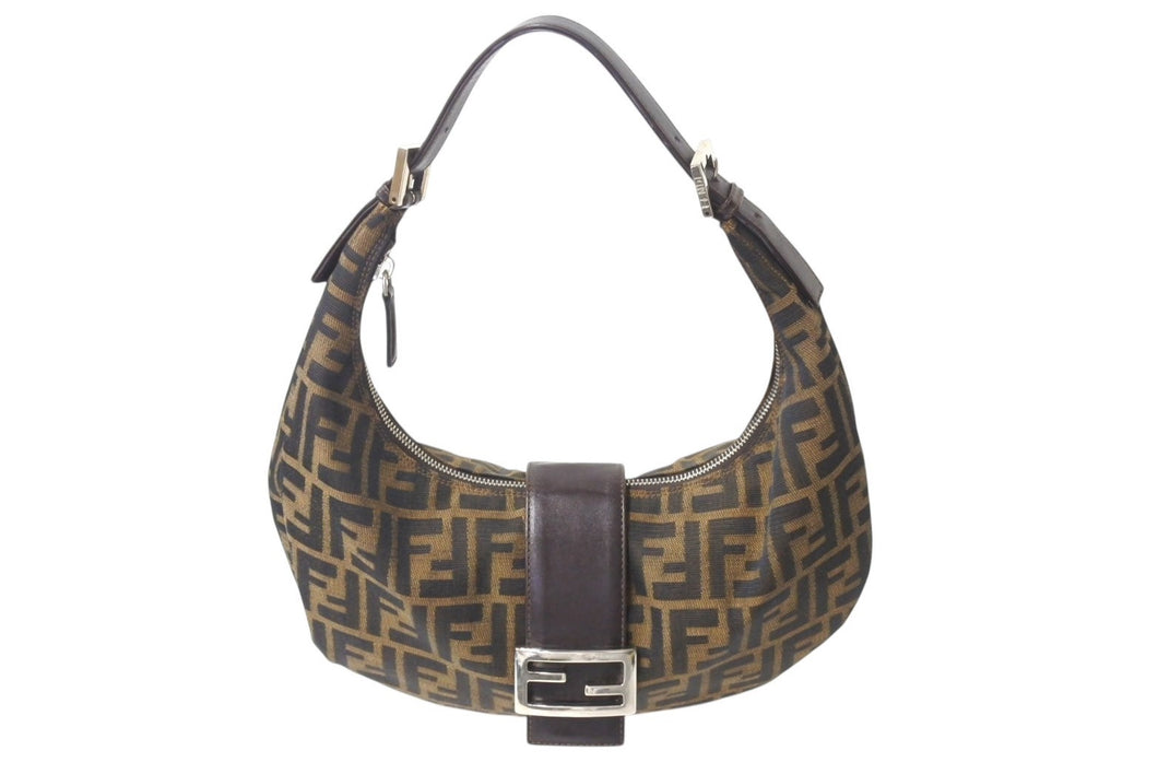 FENDI フェンディ ハーフムーン マンマバケット ワンショルダーバッグ ズッカ柄 ブラウン キャンバス レザー 美品 中古 4b001877