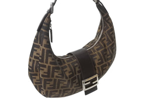 FENDI フェンディ ハーフムーン マンマバケット ワンショルダーバッグ ズッカ柄 ブラウン キャンバス レザー 美品 中古 4b001877