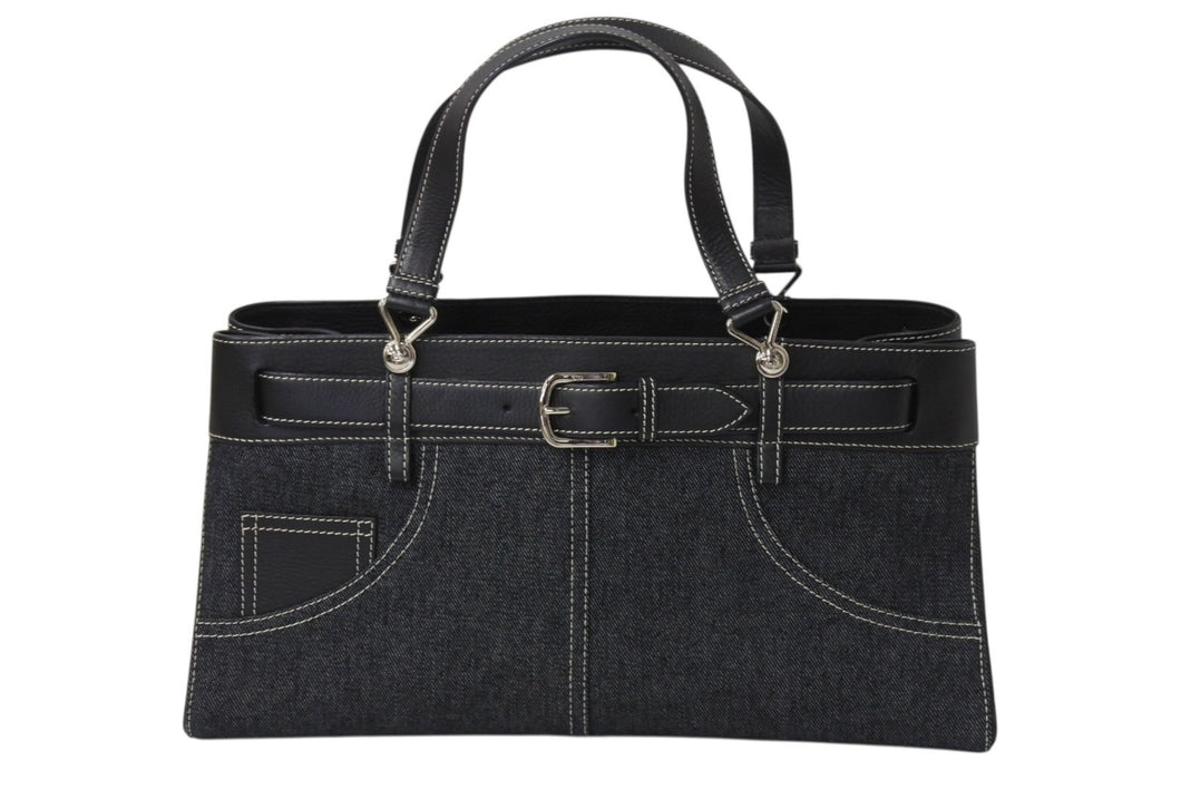 極美品 Christian Dior クリスチャンディオール ハンドバッグ トートバッグ ブラック デニム レザー BM-0042 シルバー金具 中古 4b001925