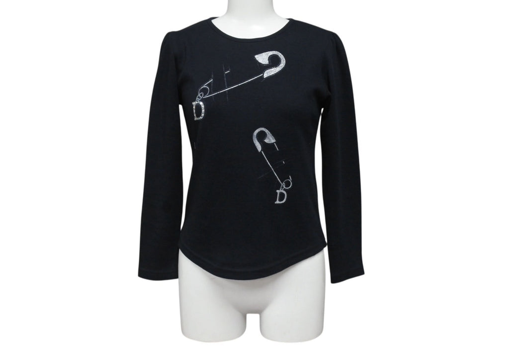 CHRISTIAN DIOR クリスチャンディオール 安全ピン ロンT 長袖Tシャツ ラインストーン ブラック シルバー サイズ10 美品 中古 4b001941