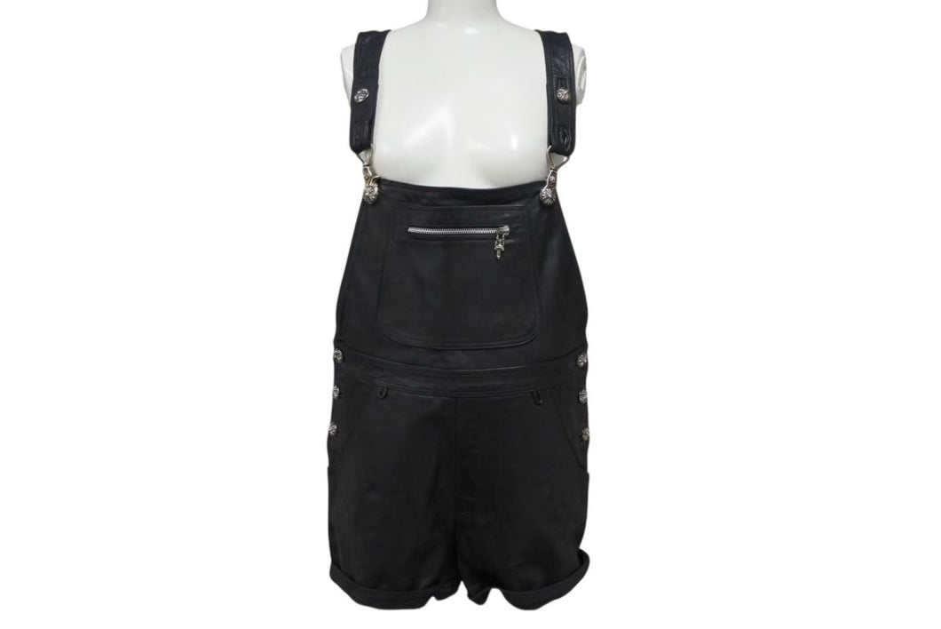 CHROME HEARTS クロムハーツ レザーサロペット サイズM クロスボールボタン ダガージップ シルバー925 ブラック 美品 中古 4b001952 