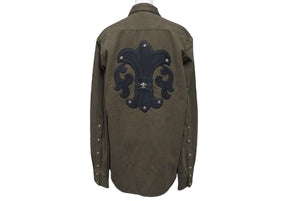 極美品 CHROME HEARTS クロムハーツ BSフレア レザー パッチ デニムジャケット デニムシャツ サイズM カーキ シルバー925 中古 4b001954