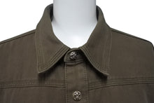 Load image into Gallery viewer, 極美品 CHROME HEARTS クロムハーツ BSフレア レザー パッチ デニムジャケット デニムシャツ サイズM カーキ シルバー925 中古 4b001954