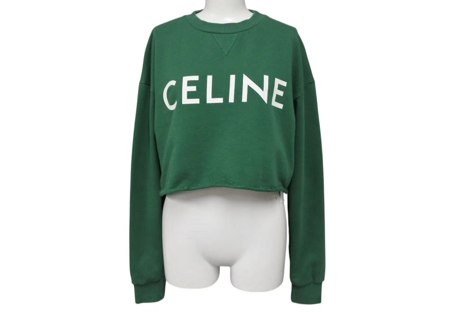 CELINE - 極美品 CELINE セリーヌ クロップドスウェット トレーナー ロゴ 2Y796670Q コットン グリーン ホワイト サイズXS 中古 4b001955 極美品 CELINE セリーヌ クロップドスウェット トレーナー ロゴ