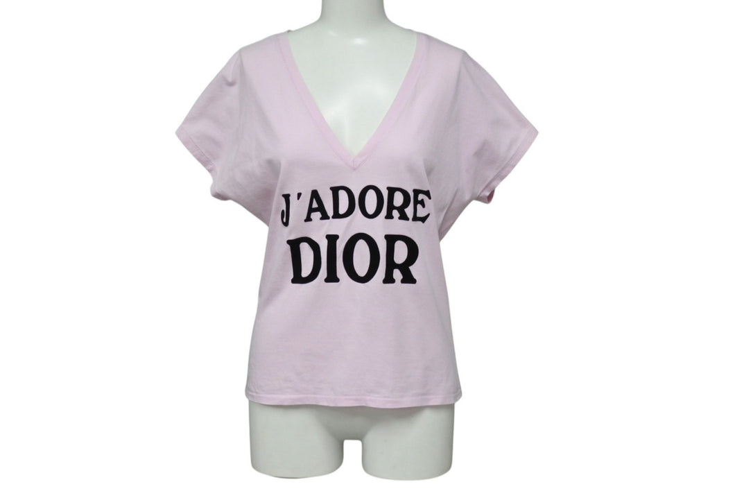 極美品 CHRISTIAN DIOR クリスチャンディオール J'ADORE Vネック 半袖Tシャツ ロゴ 3H16155400 コットン ピンク サイズ40 中古 4b001999