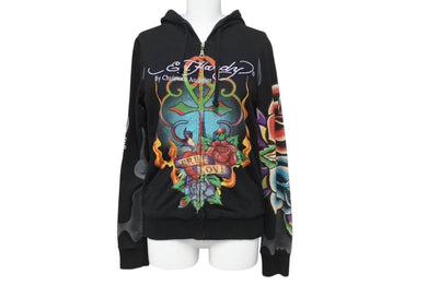EdHardy エドハーディー ジップアップ フーディ― サイズxs コットン 刺繍 ブラック マルチカラー 美品 中古 4b002003