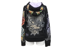 EdHardy エドハーディー ジップアップフーディ― サイズxs コットン刺繍 ブラック マルチカラー 美品 中古 4b002003 