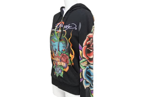 EdHardy エドハーディー ジップアップフーディ― サイズxs コットン刺繍 ブラック マルチカラー 美品 中古 4b002003 
