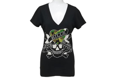 Ed Hardy エドハーディ LOVE KILLS SLOWLY 半袖Tシャツ サイズXS コットン ラインストーン ブラック 美品 中古 4b002005