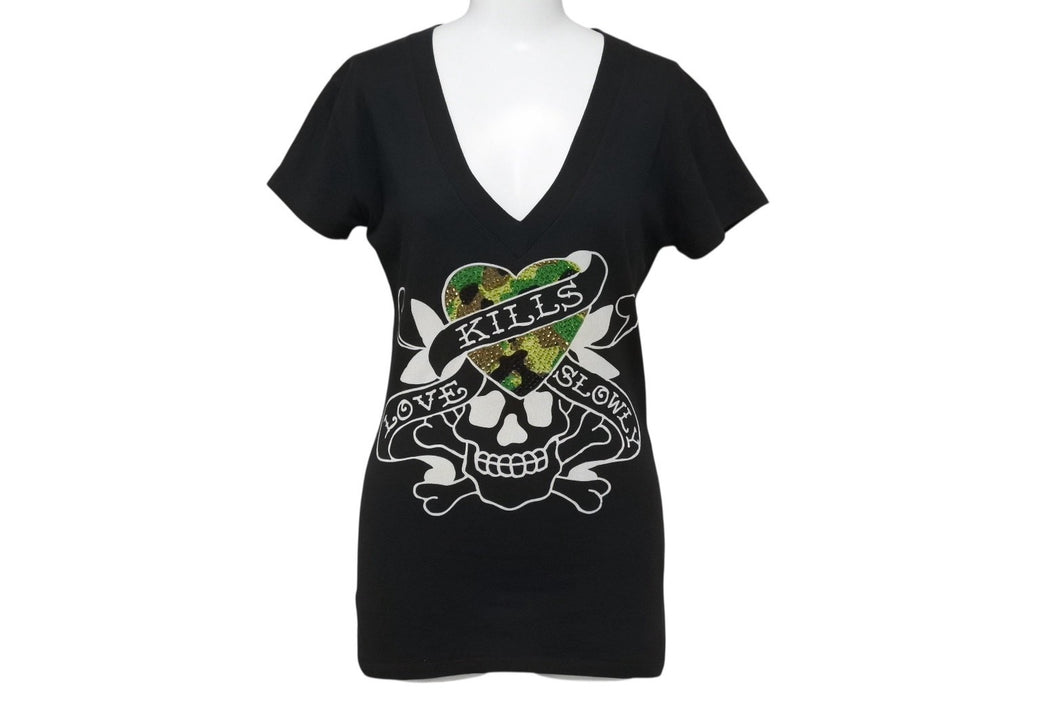 Ed Hardy エドハーディ LOVE KILLS SLOWLY 半袖Tシャツ サイズXS コットン ラインストーン ブラック 美品 中古 4b002005