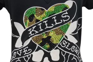 Ed Hardy エドハーディ LOVE KILLS SLOWLY 半袖Tシャツ サイズXS コットン ラインストーン ブラック 美品 中古 4b002005