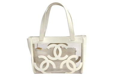 CHANEL シャネル トートバッグ ハンドバッグ 9番台 ココマーク ビニール パテントレザー アイボリー クリア ゴールド金具 美品 中古 4b002049