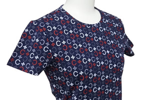 極美品 CELINE セリーヌ 半袖Tシャツ チビT マカダム柄 コットン スパンデックス ネイビー ホワイト レッド サイズS 中古 4b002059