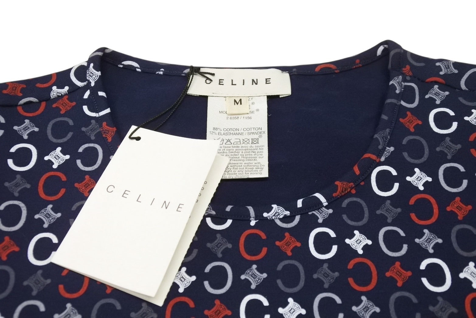 CELINE - 極美品 CELINE セリーヌ 半袖Tシャツ チビT マカダム柄 コットン スパンデックス ネイビー ホワイト レッド サイズS 中古 4b002059 極美品 CELINE セリーヌ 半袖Tシャツ チビT マカダム柄 コットン