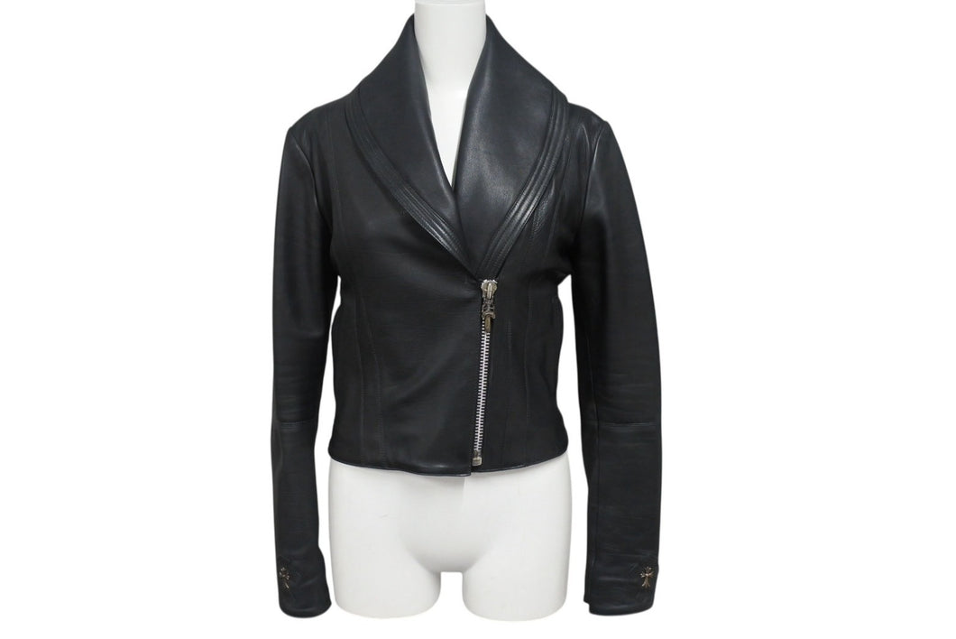 美品 CHROME HEARTS クロムハーツ レディース ラウンドカラー レザージャケット ダガー ブルゾン ブラック 黒 サイズ XS 中古 4b002073 