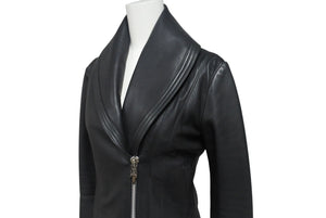 美品 CHROME HEARTS クロムハーツ レディース ラウンドカラー レザージャケット ダガー ブルゾン ブラック 黒 サイズ XS 中古 4b002073 