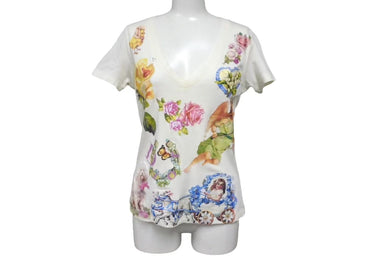 Christian Dior クリスチャンディオール ロマンティック 半袖Ｔシャツ Vネック 天使 花 犬 プリント ホワイト ジョンガリアーノ 良品 中古 4b002085