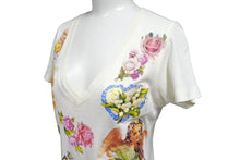 Load image into Gallery viewer, Christian Dior クリスチャンディオール ロマンティック 半袖Ｔシャツ Vネック 天使 花 犬 プリント ホワイト ジョンガリアーノ 良品 中古 4b002085