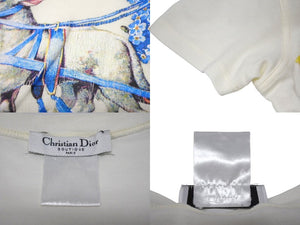 Christian Dior クリスチャンディオール ロマンティック 半袖Ｔシャツ Vネック 天使 花 犬 プリント ホワイト ジョンガリアーノ 良品 中古 4b002085
