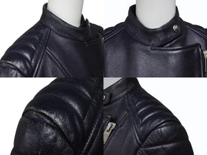 CELINE セリーヌ シープスキン レザージャケット フィービー期 ライダースジャケット 2 5H99/4533 ネイビー サイズ 36 中古 4b002086