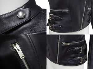 CELINE セリーヌ シープスキン レザージャケット フィービー期 ライダースジャケット 2 5H99/4533 ネイビー サイズ 36 中古 4b002086