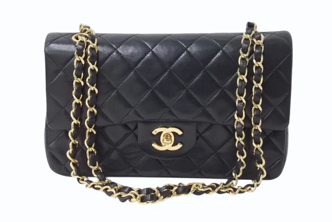 極美品 CHANEL シャネル マトラッセ23 Wフラップ Wチェーンショルダーバッグ 1番台 ラムスキン ココマーク ブラック ゴールド金具 中古 4b002103