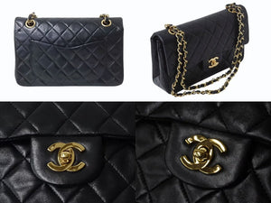 極美品 CHANEL シャネル マトラッセ23 Wフラップ Wチェーンショルダーバッグ 1番台 ラムスキン ココマーク ブラック ゴールド金具 中古 4b002103
