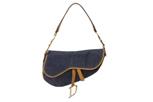 極美品 Christian Dior クリスチャンディオール サドルバッグ ワンショルダーバッグ RU 0010 デニム ネイビー ゴールド金具 中古 4b002117