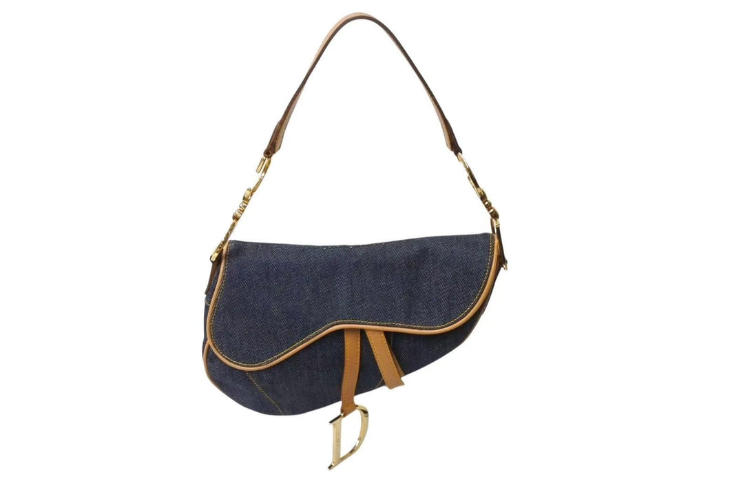 極美品 Christian Dior クリスチャンディオール サドルバッグ ワンショルダーバッグ RU 0010 デニム ネイビー ゴールド金具 中古 4b002117