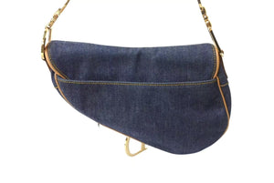 極美品 Christian Dior クリスチャンディオール サドルバッグ ワンショルダーバッグ RU 0010 デニム ネイビー ゴールド金具 中古 4b002117