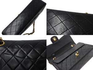 極美品 CHANEL シャネル マトラッセ25 Wフラップ Wチェーンショルダーバッグ 3番台 ラムスキン ココマーク ブラック ゴールド金具 中古 4b002136
