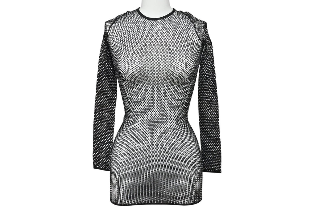 極美品 BALENCIAGA バレンシアガ 23FW クリスタル メッシュ ミニドレス 748657 3D2B4 ブラック サイズS 中古 4b002156