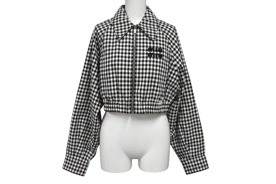 極美品 MIU MIU ミュウミュウ 22AW ギンガムチェック ショートブルゾン ML919 S231 1209 ブラック ホワイト サイズ36 中古 4b002157