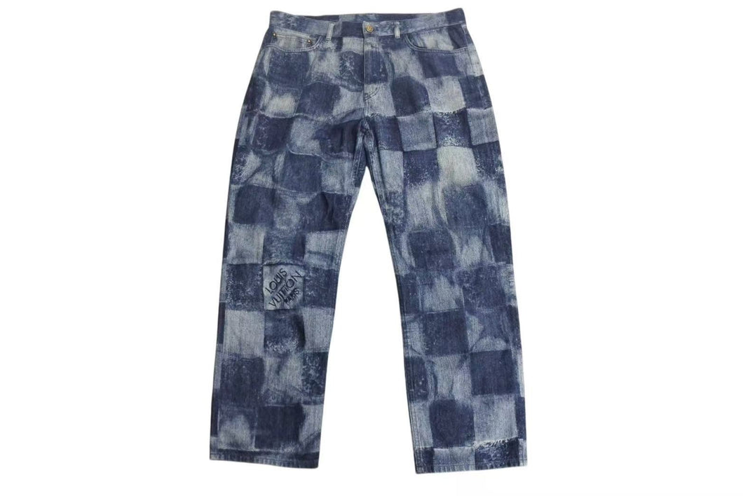 極美品 LOUIS VUITTON ルイヴィトン ダミエソルト チェック柄デニムパンツ RM212M DR0 HLD03W ブルー コットン ゴールド金具 中古 4b002176