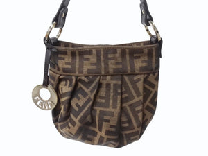 新品同様 FENDI フェンディ ミニハンドバッグ ズッカ柄 モノグラム 8BK044 キャンバス レザー ブラウン ゴールド金具 中古 4b002213