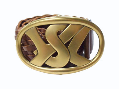 YVES SAINT LAURENT イヴサンローラン YSL バックルベルト ブラウン レザーメッシュ 141516 ゴールド金具ロゴ 美品 中古 4b002234 