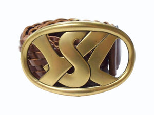 YVES SAINT LAURENT イヴサンローラン YSL バックルベルト ブラウン レザーメッシュ 141516 ゴールド金具ロゴ 美品 中古 4b002234 