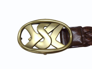 YVES SAINT LAURENT イヴサンローラン YSL バックルベルト ブラウン レザーメッシュ 141516 ゴールド金具ロゴ 美品 中古 4b002234 