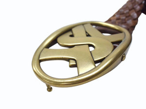 YVES SAINT LAURENT イヴサンローラン YSL バックルベルト ブラウン レザーメッシュ 141516 ゴールド金具ロゴ 美品 中古 4b002234 