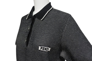 極美品 FENDI フェンディ ニット ロゴ ポロシャツ ブラック ホワイト トップス 半袖 コットン 黒 白 サイズ42 中古 4b002240