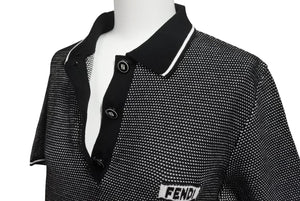 極美品 FENDI フェンディ ニット ロゴ ポロシャツ ブラック ホワイト トップス 半袖 コットン 黒 白 サイズ42 中古 4b002240