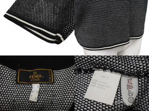 極美品 FENDI フェンディ ニット ロゴ ポロシャツ ブラック ホワイト トップス 半袖 コットン 黒 白 サイズ42 中古 4b002240