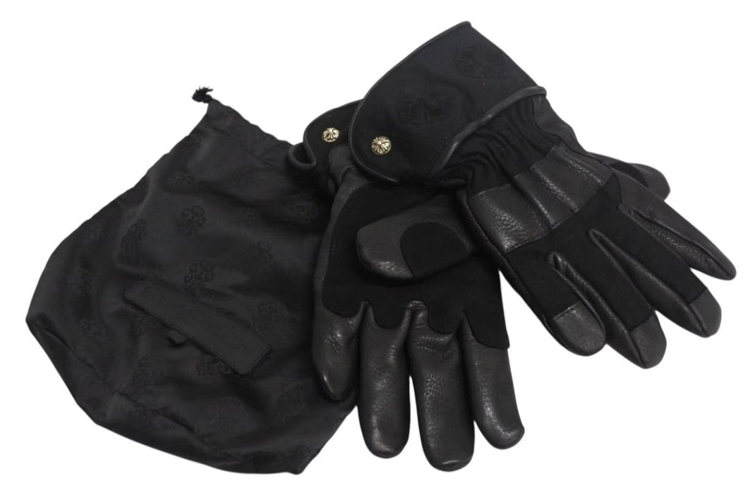 未使用 CHROME HEARTS クロムハーツ レザーグローブ サイズL CHプラスパッチ クロスボールボタン 6パッチ シルバー925 中古 4b002296 