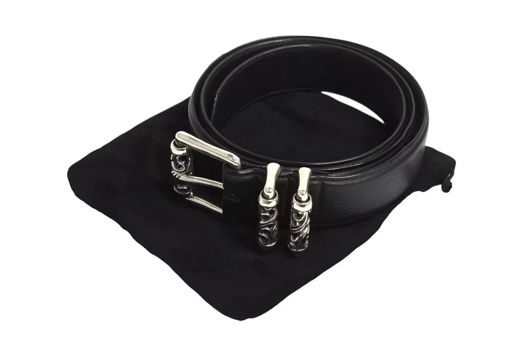 未使用 CHROME HEARTS クロムハーツ 3ピース ローラーベルト サイズ38 レザー シルバ−925 ブラック 中古 4b002297 